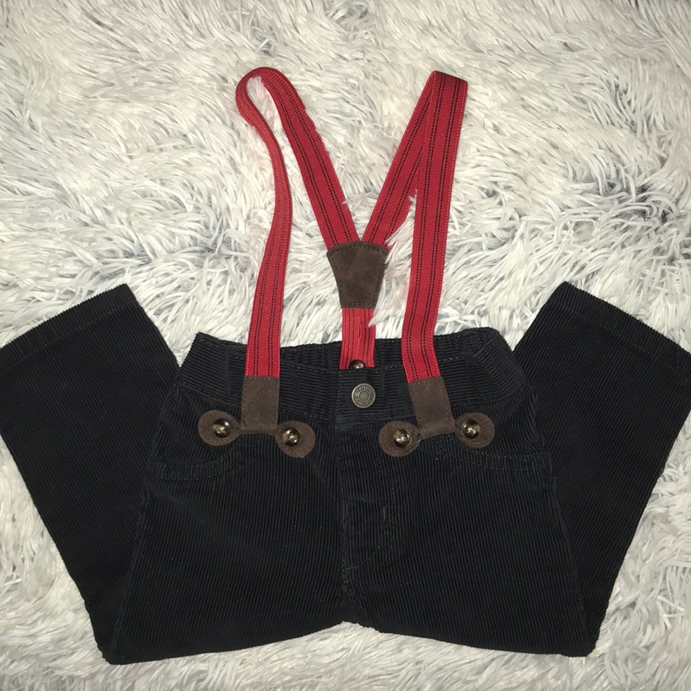 Black suede like pants with suspenders